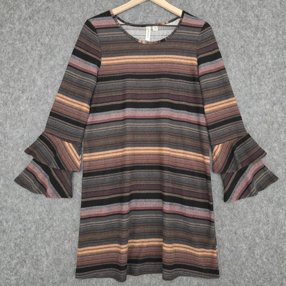 Tacera Dress Womens M Multicolor Stripe Bell Sleeve Ruffle Knit Shift Short